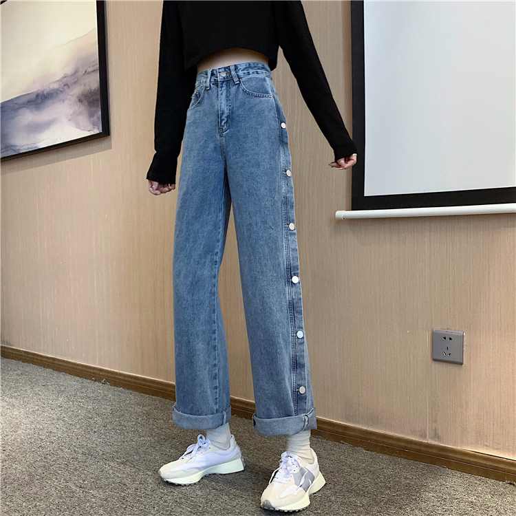 Real price ~ side breasted jeans women's straight tube loose wide leg pants versatile pants