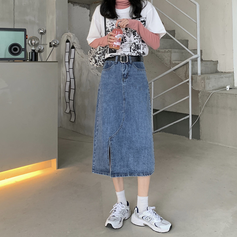 Real price ~ Retro High Waist slim mid length denim versatile split skirt