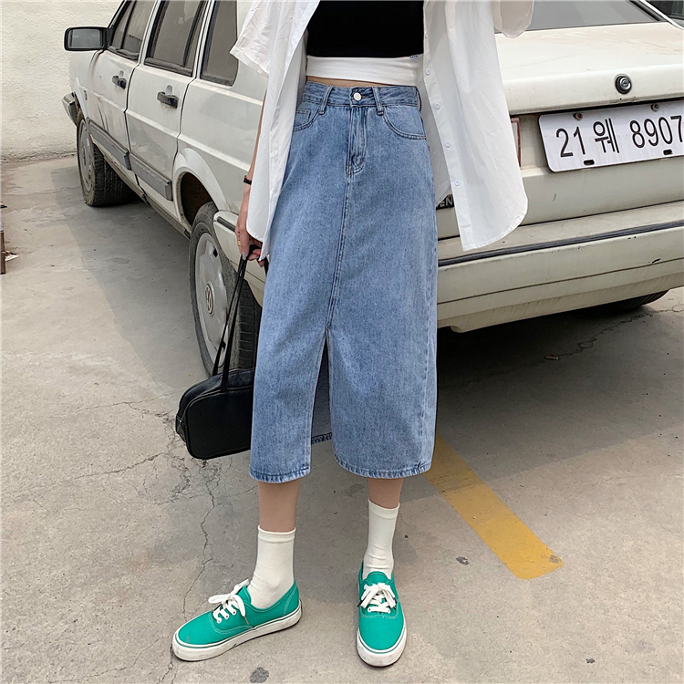 Real price ~ split denim skirt women's high waist and thin, versatile, buttock wrapped medium length skirt