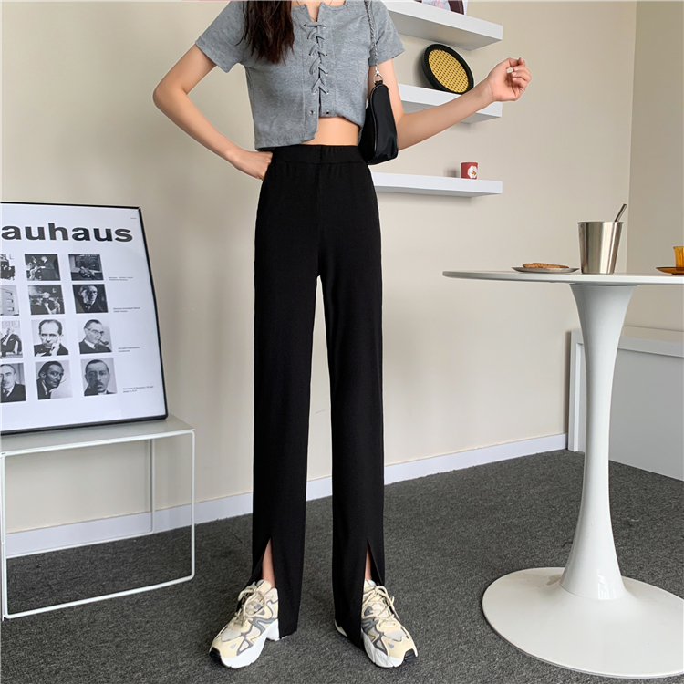 Real shot real price ~ spring show thin front split mop pants long leg loose high waist straight pants women's casual pants