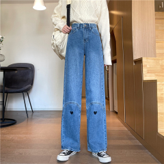 Real shot real price ~ Daddy pants women's love embroidery high waist shows thin, retro Hong Kong style wide leg straight tube loose jeans
