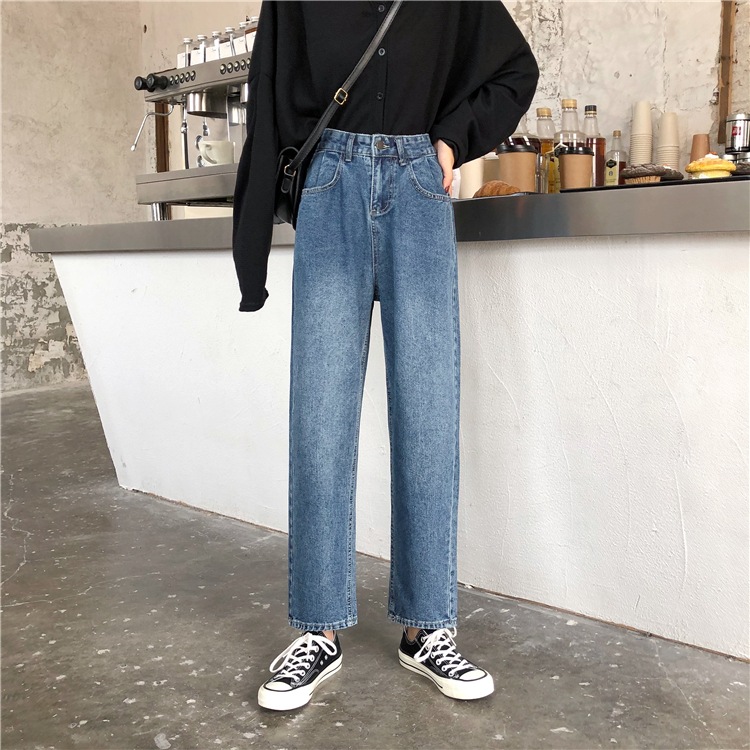 Real shot real price ~ straight tube jeans female loose fitting students' versatile nine point high waist skinny BF dad pants