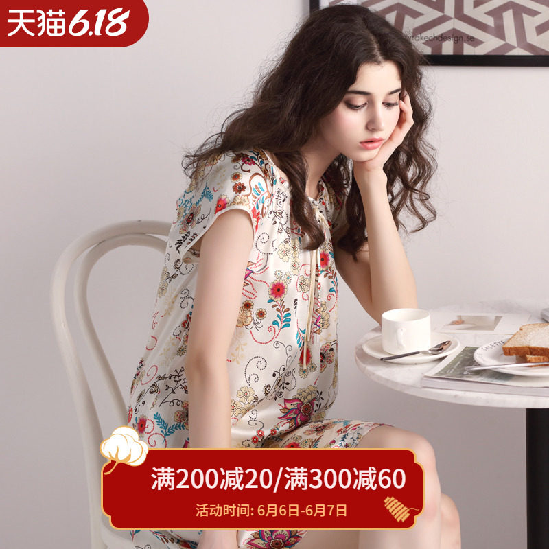 达尔丽真丝睡裙女夏性感宫廷公主裙短袖睡衣裙100%桑蚕丝家居服
