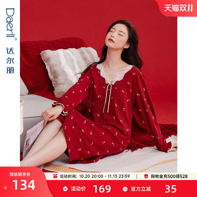 达尔丽睡裙女款秋季长袖蕾丝V领本命年印花红色中裙纯棉连衣裙秋