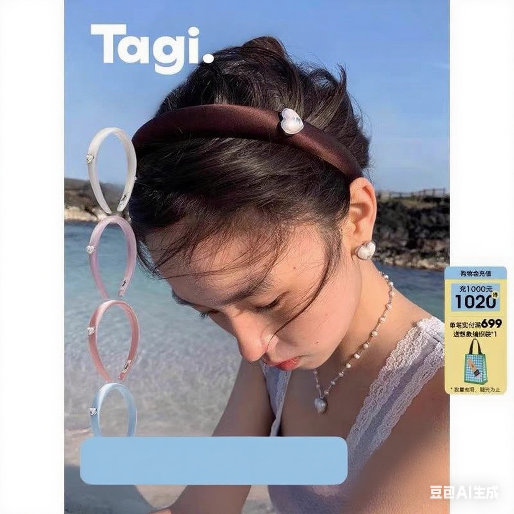 Tagi.想象爱心怦怦镶钻珍珠鼓鼓复古真丝发箍高颅顶头箍
