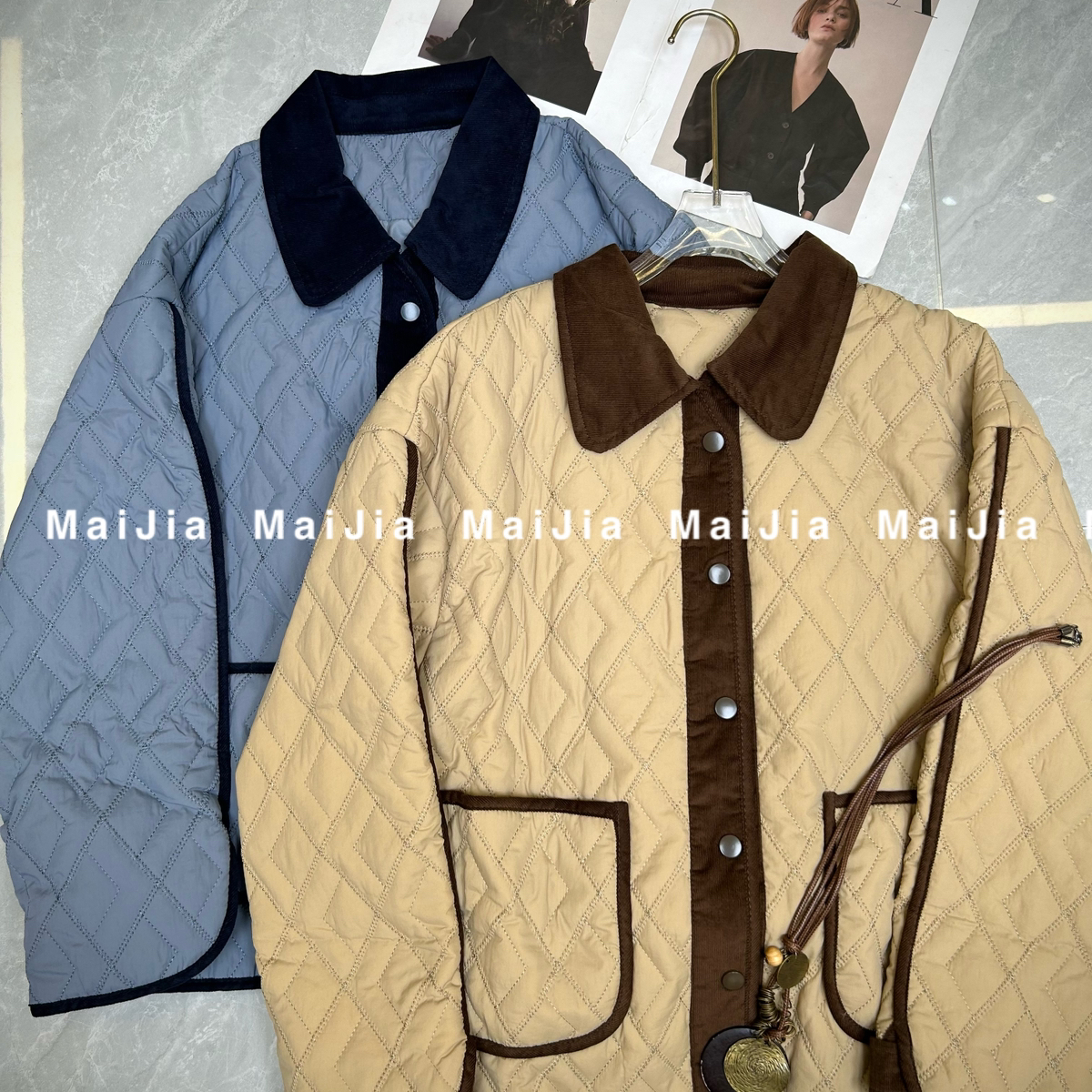 阅悦冬上新菱格拼色大口袋翻领外套保暖棉服外套L478