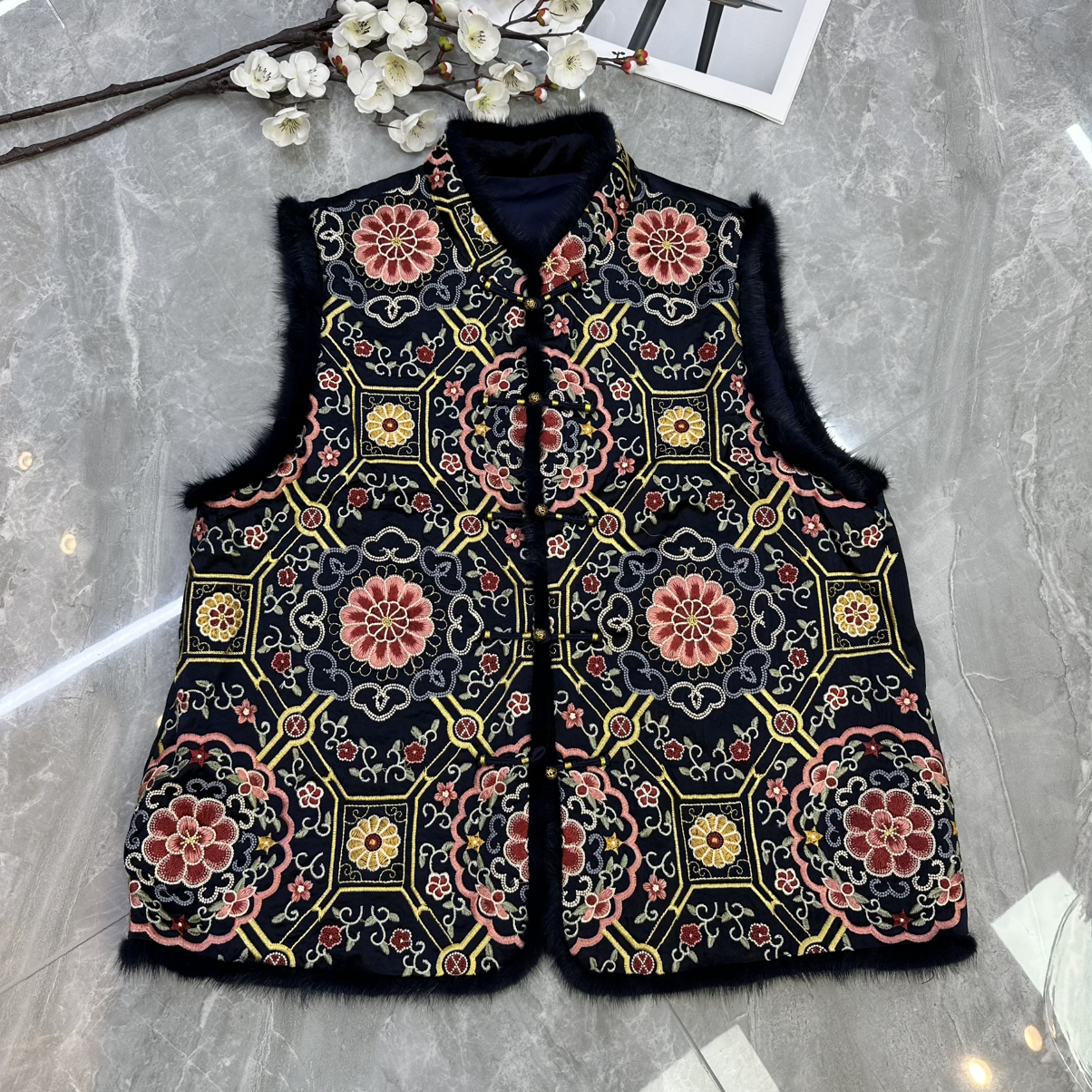 阅悦冬上新醋酸定位刺绣加棉水貂毛马甲YS139-G3111