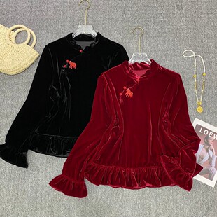 YS43 含100真丝 G22 春真丝桑蚕丝丝绒盘扣爱马花边小衫 阅悦