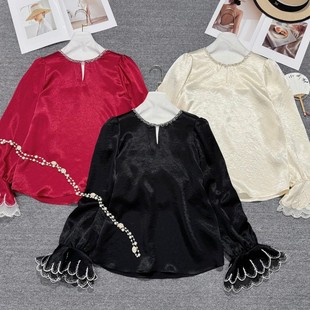 G405 YS74 阅悦6年早春时尚 轻奢真醋酸钉珠亮片赫本风花瓣䄂小衫