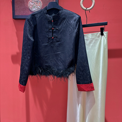 阅悦早春轻奢优雅绝美气质盘扣小衫(配鸵鸟毛可拆卸)YS2-xx7773