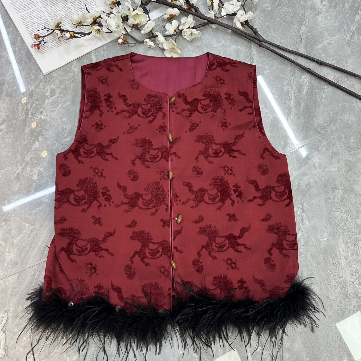 阅悦冬上新人丝提花拼接鸵鸟毛马甲YS3-G233