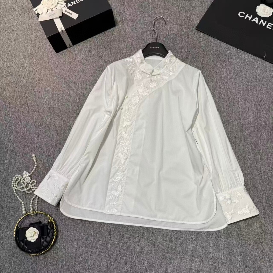 阅悦绣斜襟棉长袖衬衫女设计感珍珠重工百搭别致小衫YS58-G421