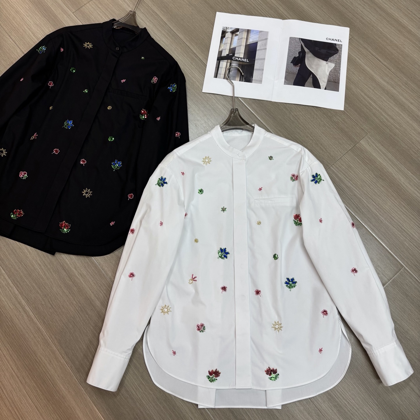 阅悦重工立体钉珠刺绣前短后长宽松百搭显瘦衬衫252504