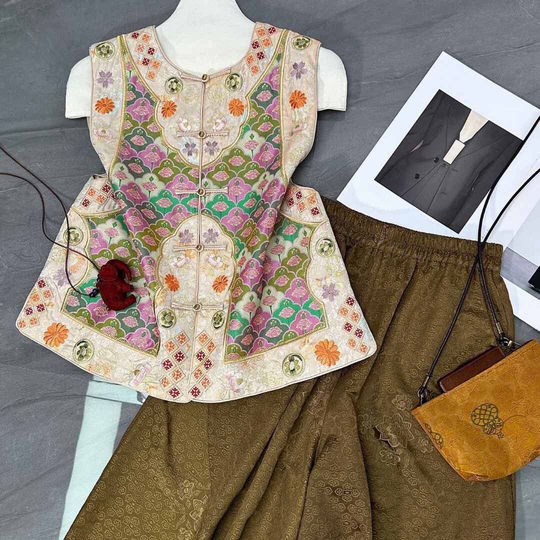 阅悦香云纱织金绣花马甲全手工一字扣马甲（含45真丝）YS43-G2