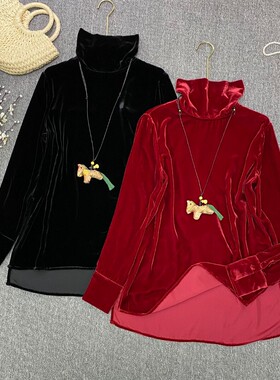 阅悦丝真丝绒半高领长袖侧开叉松驰感简约大气小衫G222-99606F