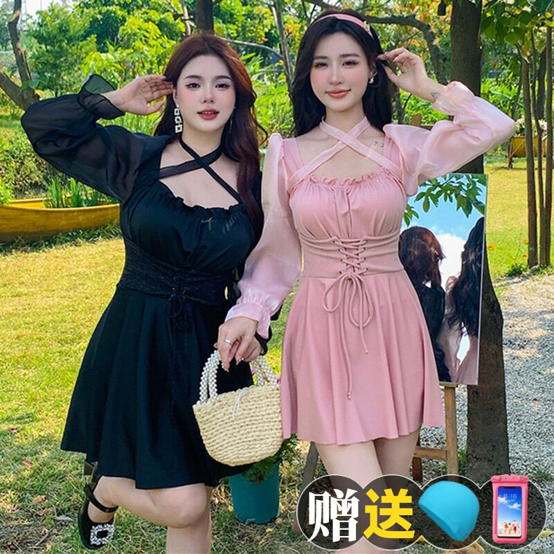 游泳衣女士夏显瘦遮肚保守胖mm连体裙式长袖大码温泉泳装2025新款