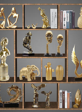 北欧轻奢金色餐厅摆件客厅格子树脂架玄关酒柜电视机柜装饰品