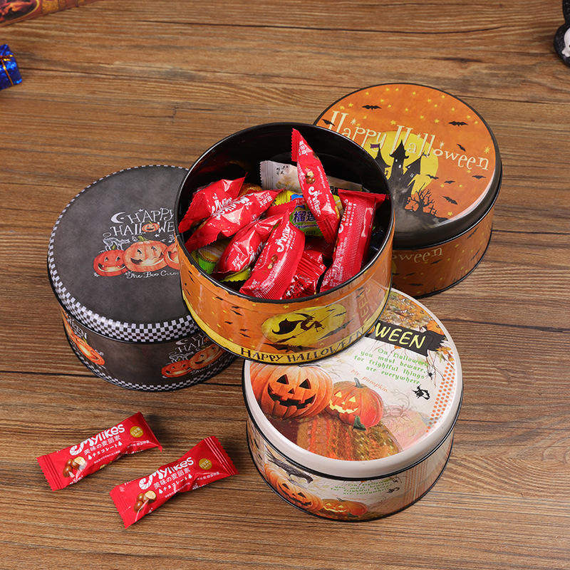 新款铁艺包装盒糖果盒金属带盖礼品饼干天地盖圆形盒万圣节