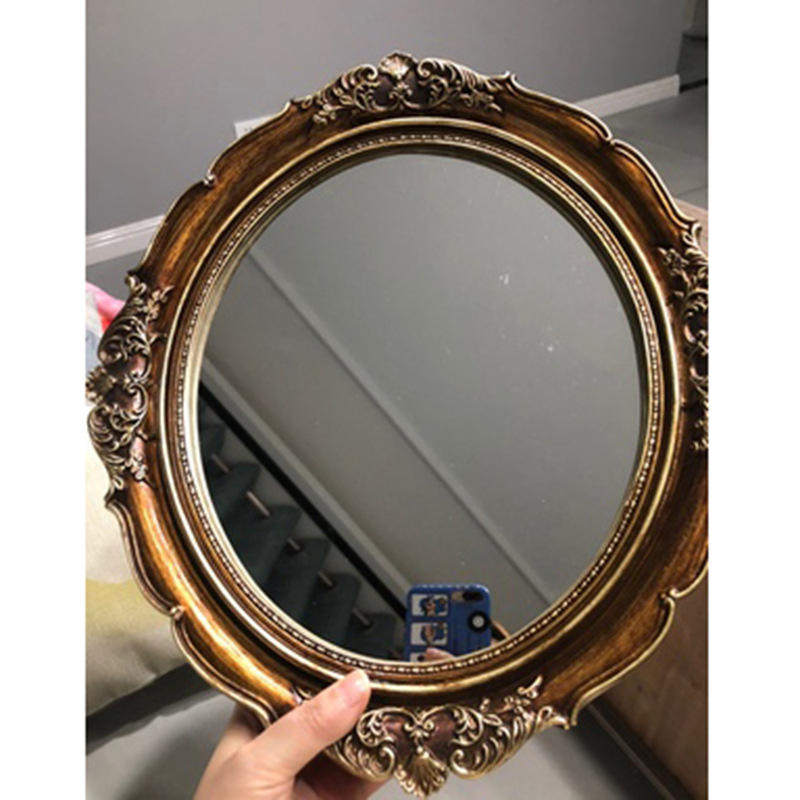 复古梳妆古铜雕花镜子欧式化妆镜墙面装饰壁挂托盘收纳摆件道具
