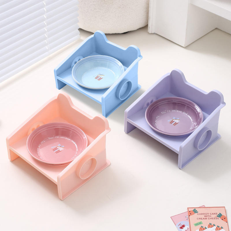 创意彩色餐前盘带瓷碗碗架可爱陶方块猫咪水碗猫碗狗碗护颈防漏碗