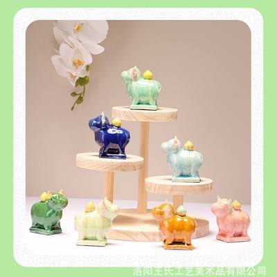 小马唐三彩文创可爱洛阳小牛陶瓷牛萌趣小牛小胖马装饰摆件