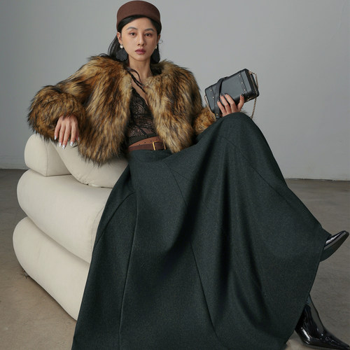 羊毛精纺复古大摆高腰伞裙半身裙