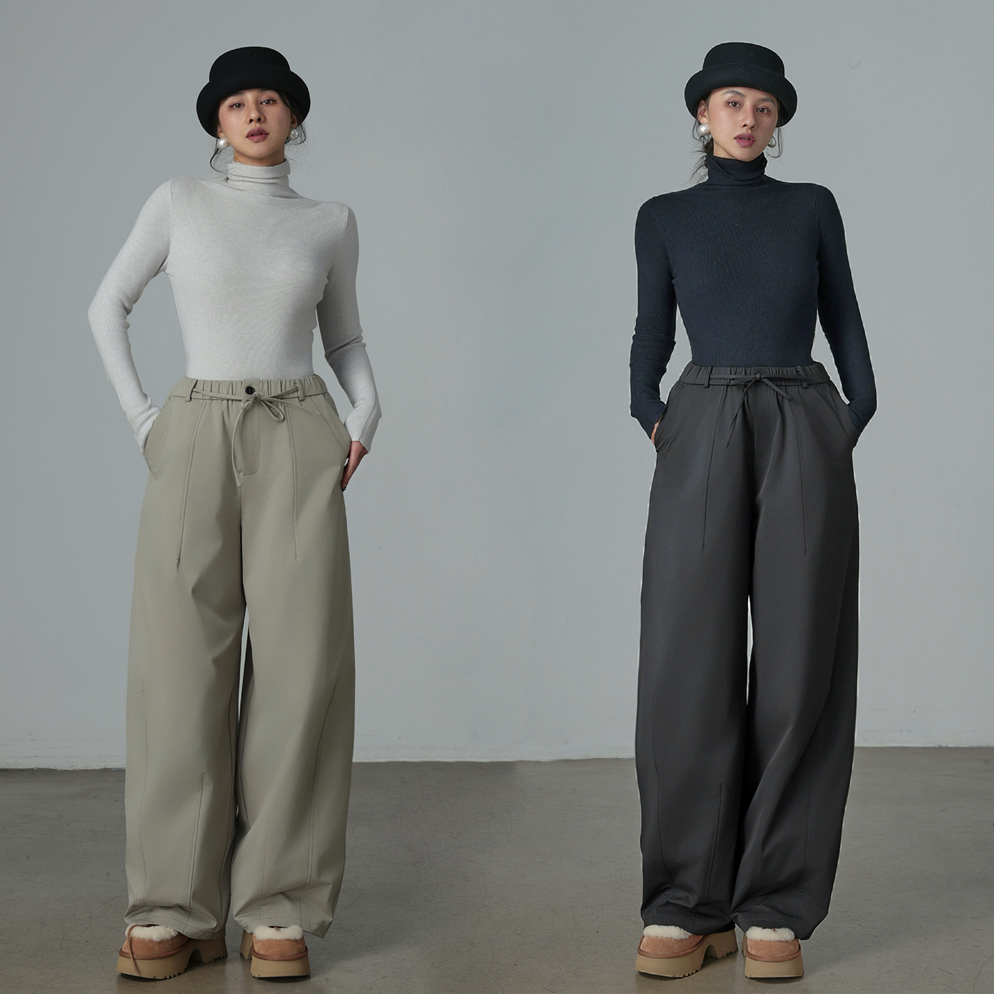 鹅绒冬弹力腰休闲宽松阔腿羽绒裤