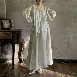 晓梦伊甸园光泽感天丝宽松印花飘逸大摆长裙长袖 春夏 防晒衬衣套装