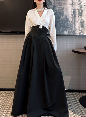 永恒之美巨显高法式复古高腰显瘦伞摆气质春夏百搭女式黑色大长裙