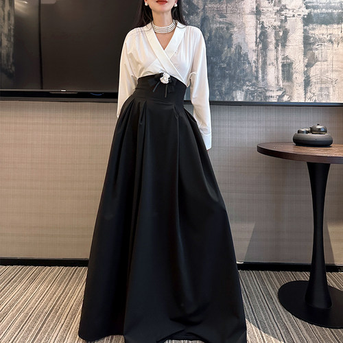 TW伞摆法式复古高腰显瘦黑大长裙