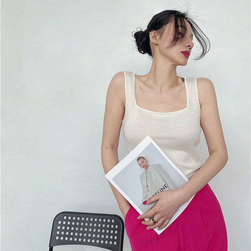 桑蚕丝白黑基础方领吊带背心