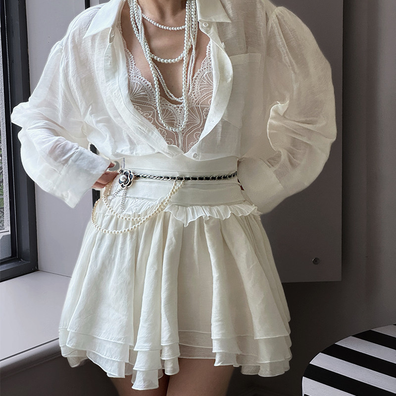 桑蚕丝亚麻性感高腰a字荷叶白色短裙女半身裙辣妹防走光黑色短裙