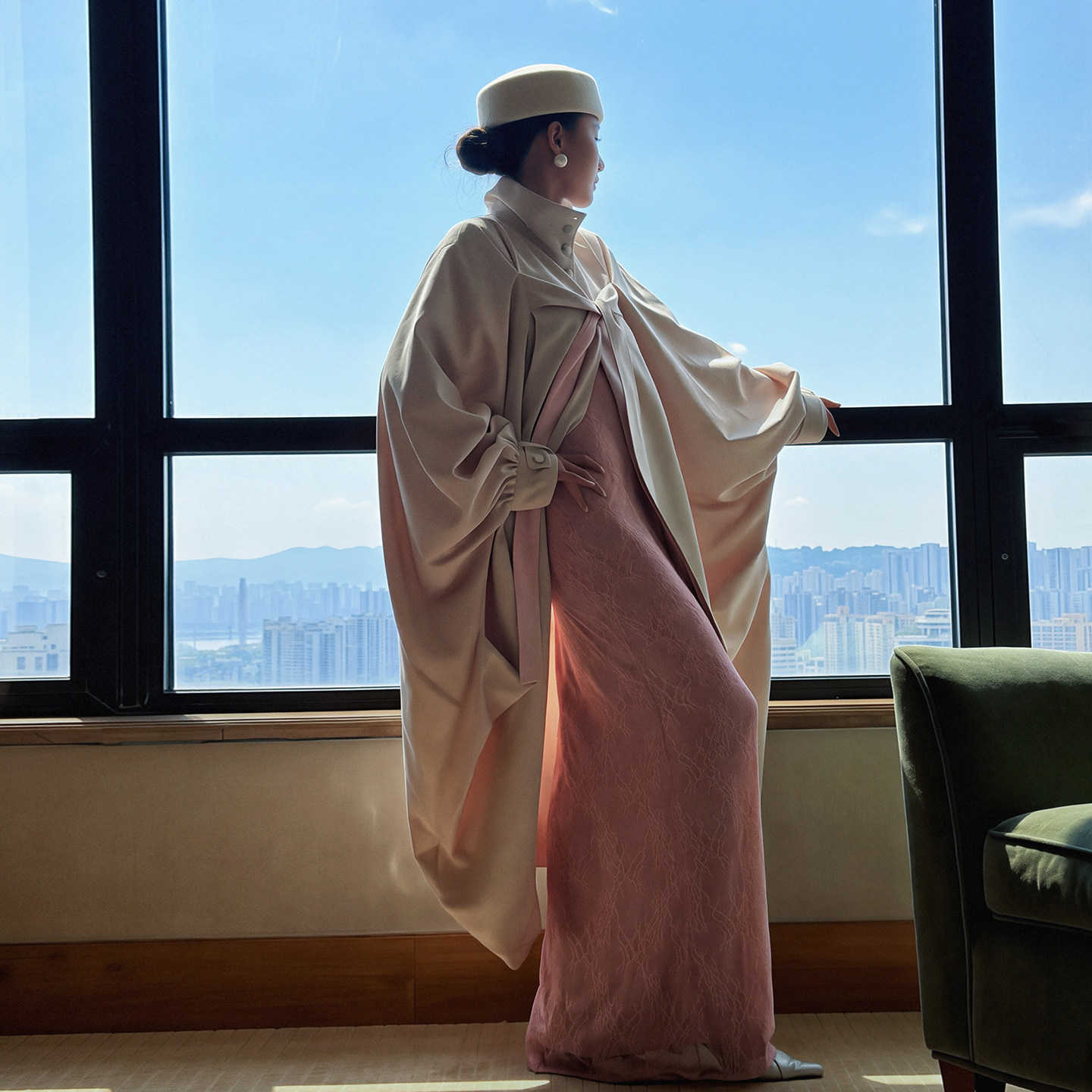 复古立领宽松长款拼色系带风衣女