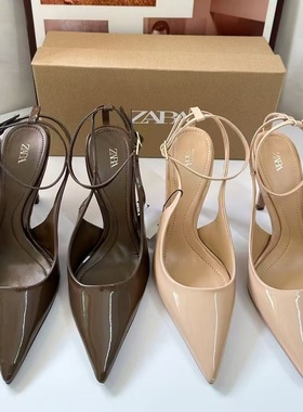 ZAR春季新品 女鞋 卡其绿色御姐性感高跟鞋尖头后空细跟凉鞋单鞋