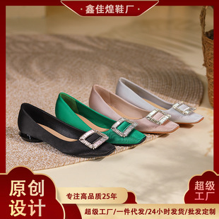 7318-1 法式经典水钻方扣粗跟单鞋女绸缎真丝低跟平底鞋气质羊皮