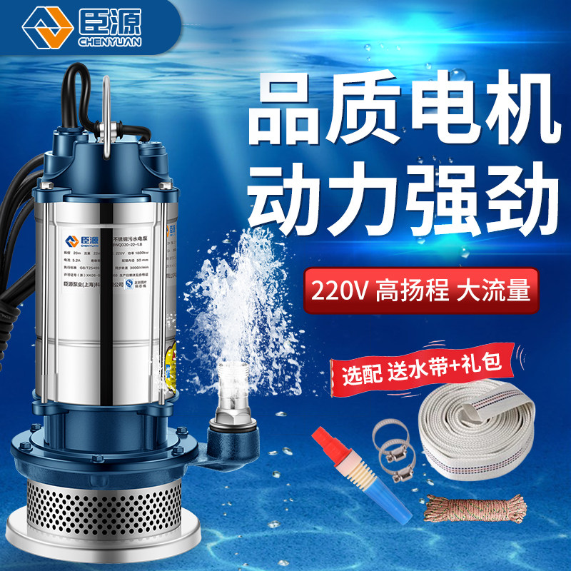 臣源不锈钢潜水泵家用小型清污水泵农用灌溉220V高扬程抽水大流量