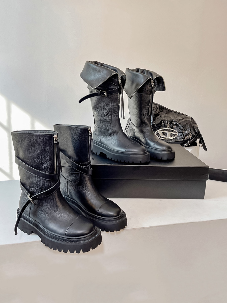 CHELSEA 여성용 2023 신상 숏 부츠 두꺼운 뒤꿈치 옷깃 미드 커프 부츠 벨트 버클  가죽 미드 힐 마틴 부츠 여성용 하이