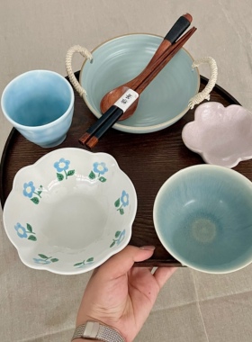 漫生活老板娘 浅蓝花语 小清新淡雅蓝色系一人食餐具套装减脂餐
