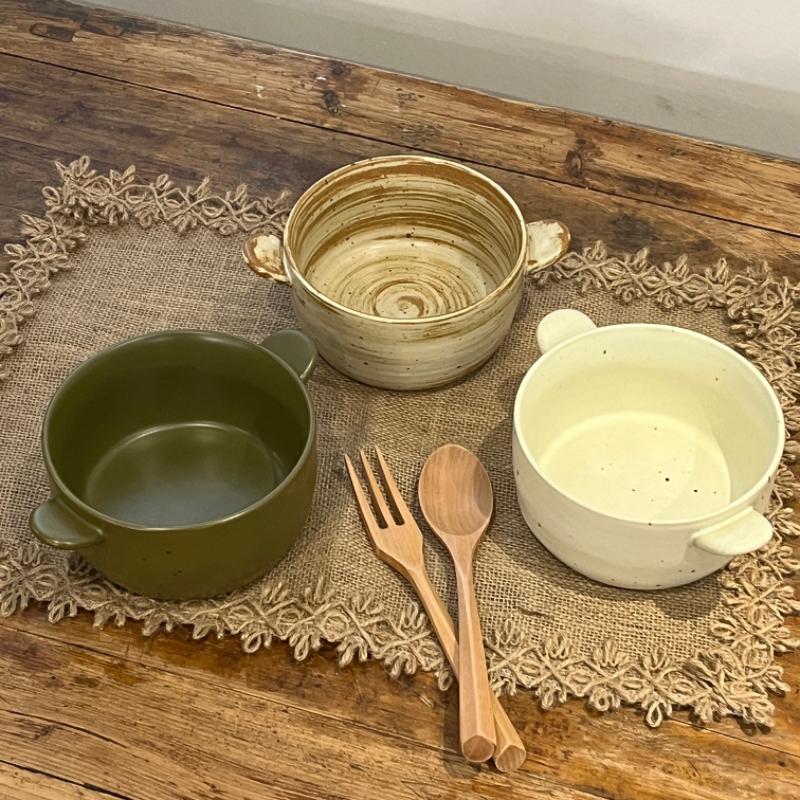 漫生活老板娘5寸双耳纯色复古小面碗日式简约早餐家用沙拉碗粗陶