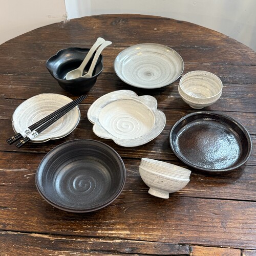 漫生活老板娘 黑白陶语 侘寂风餐具套装二人食景德镇手工复古碗盘