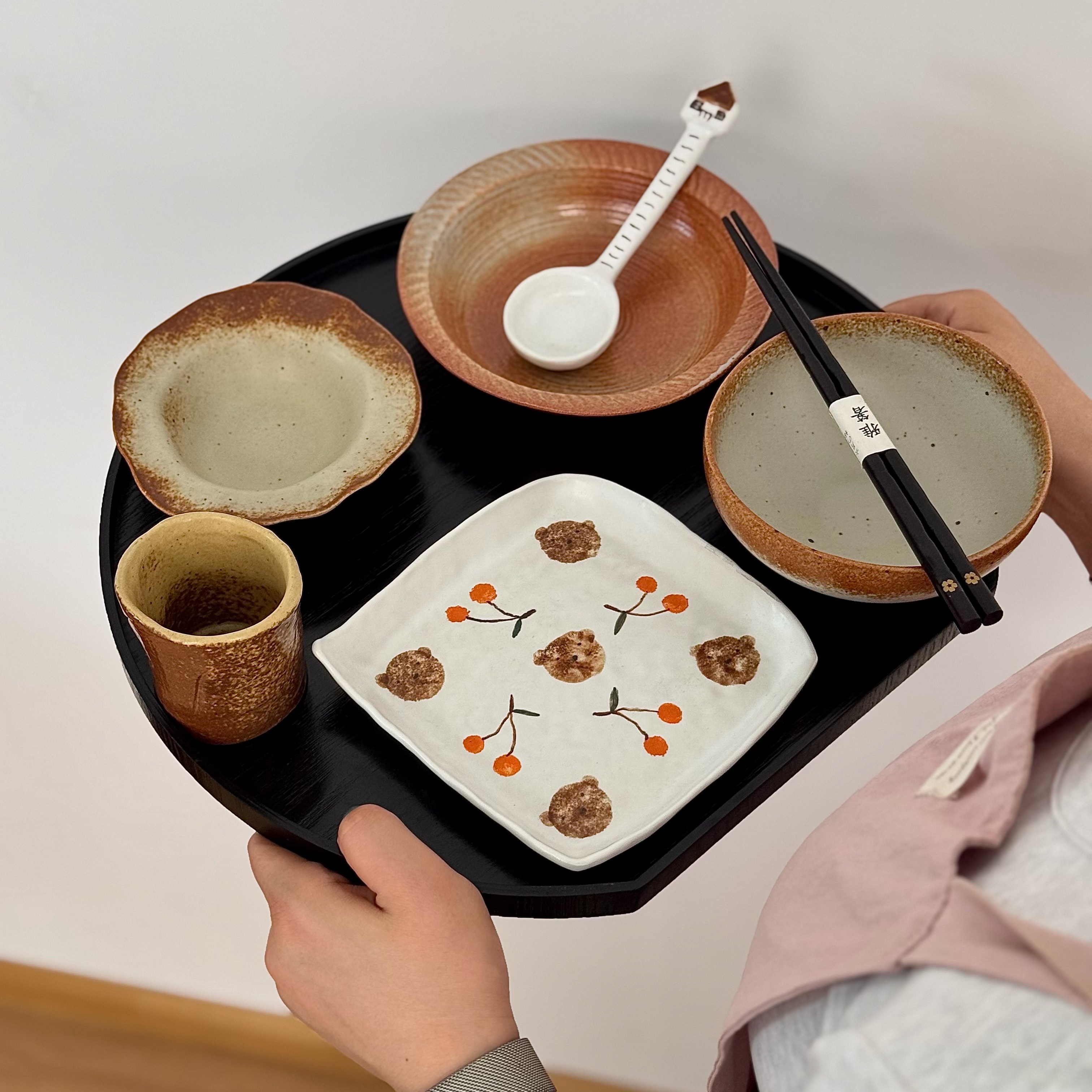 漫生活老板娘 暖棕瓷梦 日式复古樱桃小熊一人食碗盘碗碟套装卡通