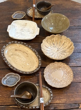 漫生活老板娘 陶语食光 手工肌理景德镇粗陶餐具套装二人食山野风