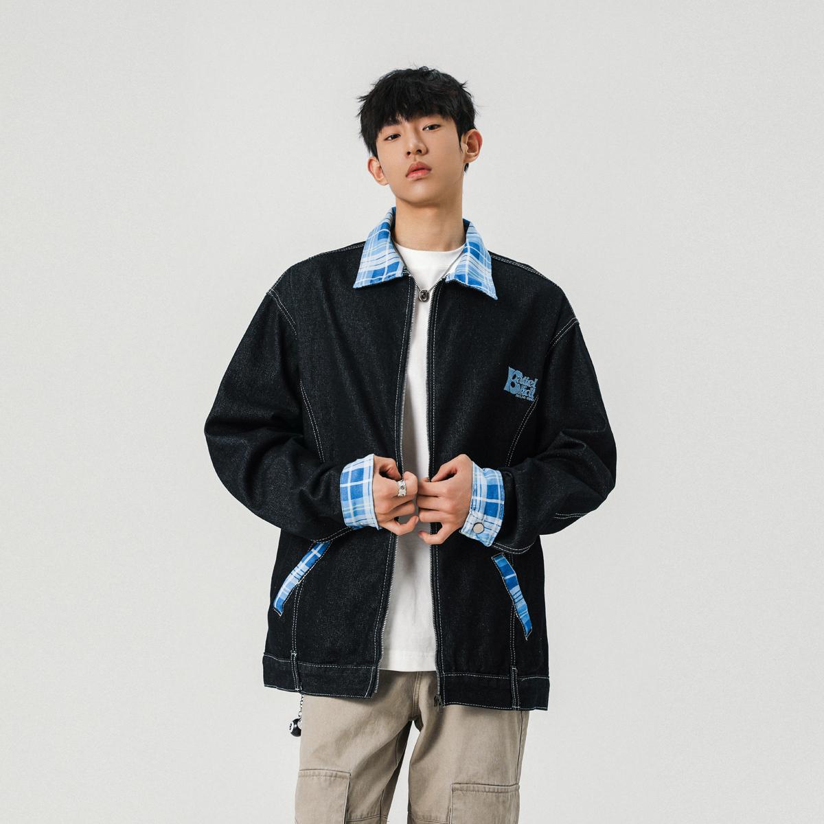 复古刺绣水洗牛仔撞色格子外套宽松夹克男XZ1015-1-JK33655-P70,男装夹克,星座1015-1