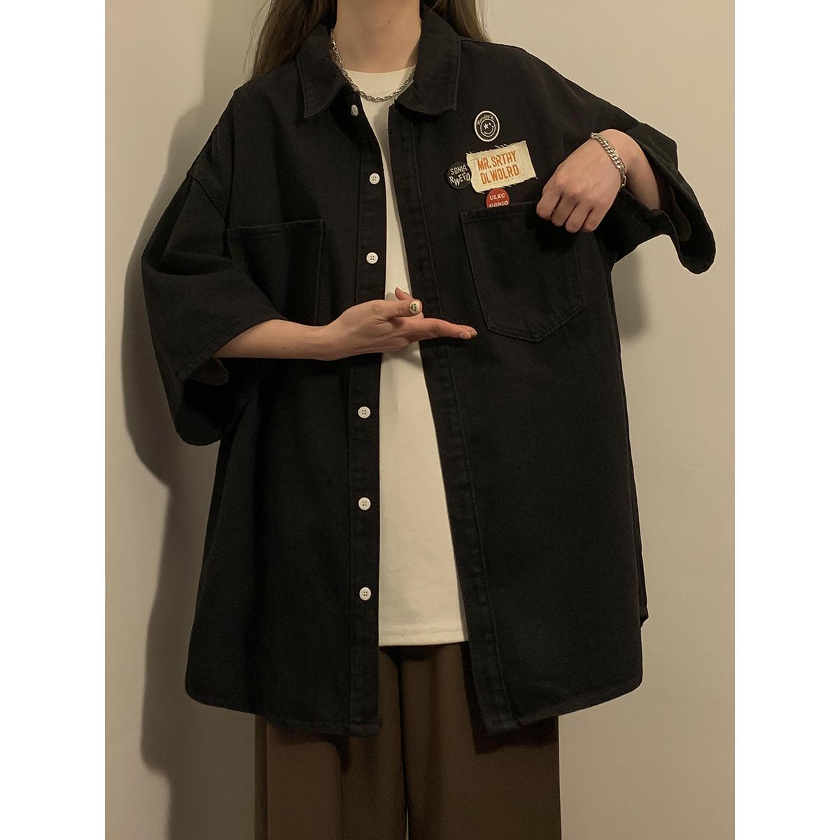 复古水洗牛仔短袖上衣宽松大码设计感衬衫XZ1015-1-DX50881P58,女装衬衫,星座1015-1