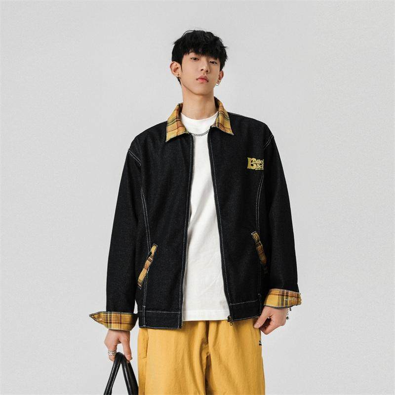 复古刺绣水洗牛仔撞色格子外套宽松夹克男XZ1015-1-JK33655-P70，男装夹克，星座1015-1