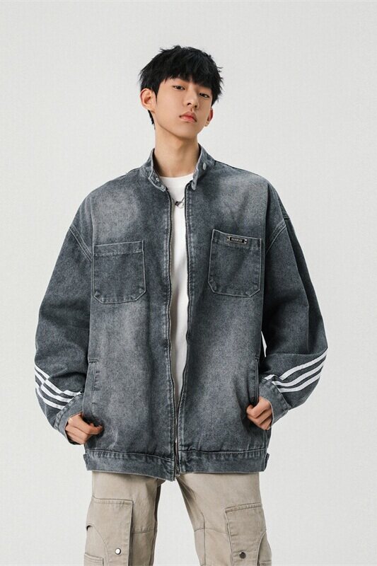 复古水洗牛仔外套做旧设计感织带夹克男XZ1015-1-JK33633P78控118,男装夹克,星座1015-1