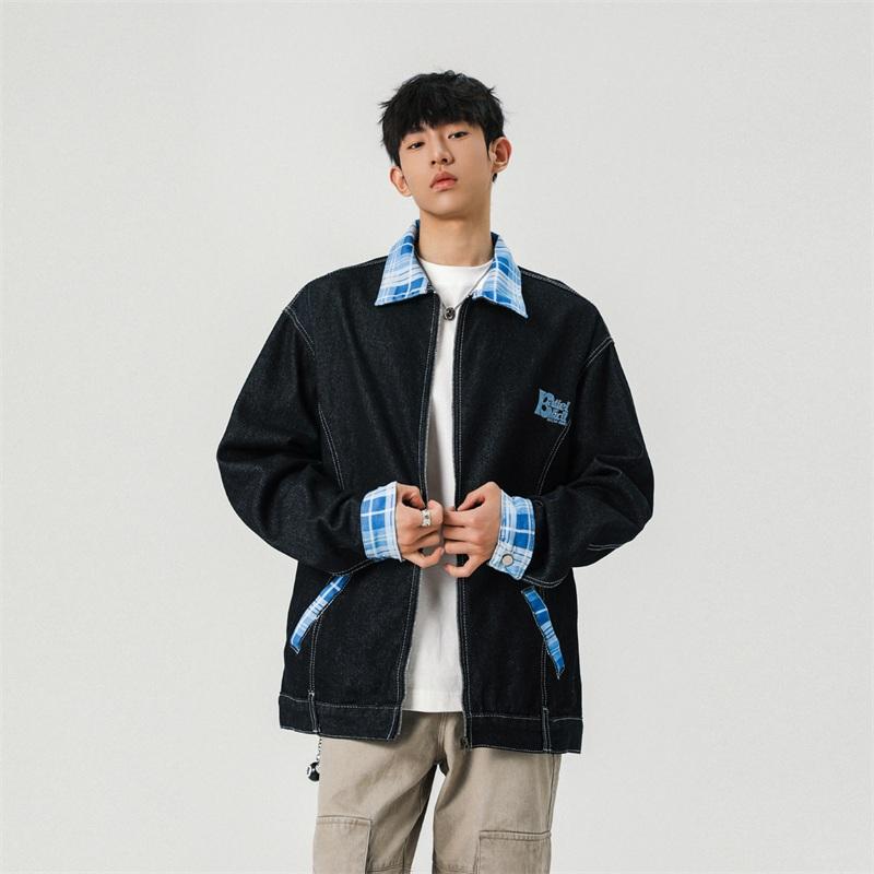 复古刺绣水洗牛仔撞色格子外套宽松夹克男XZ1015-1-JK33655-P70,男装夹克,星座1015-1