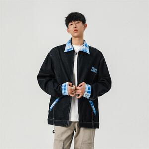 复古刺绣水洗牛仔撞色格子外套宽松夹克男XZ1015-1-JK33655-P70图片