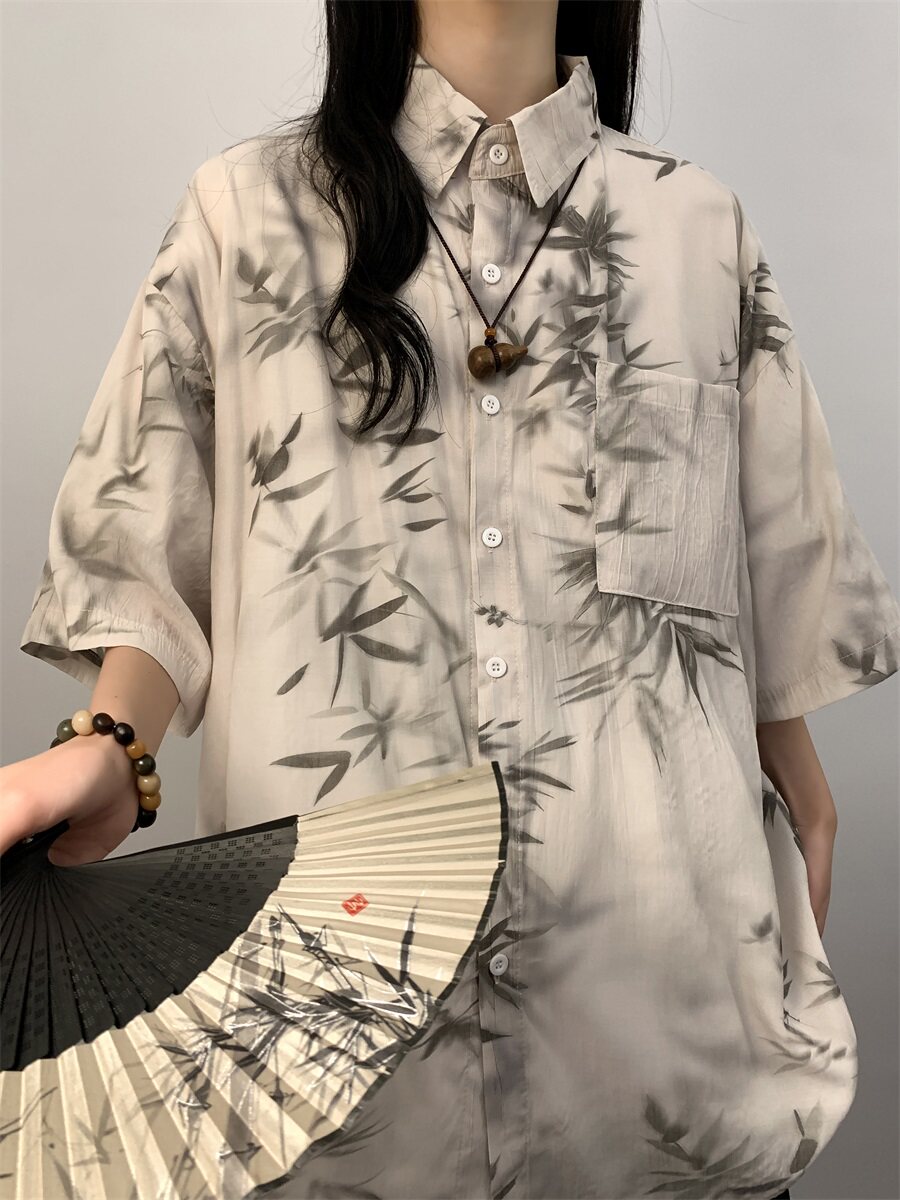 新中式风水墨印短袖衬衫垂感冰丝大码XZ1015-1-GF0066P48控68,女装衬衫,星座1015-1