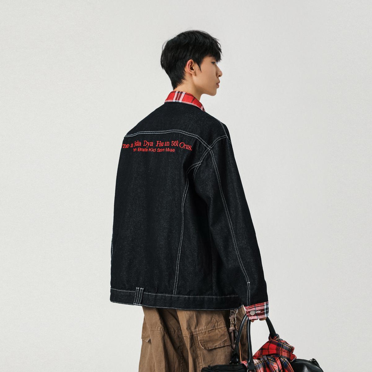 复古刺绣水洗牛仔撞色格子外套宽松夹克男XZ1015-1-JK33655-P70,男装夹克,星座1015-1